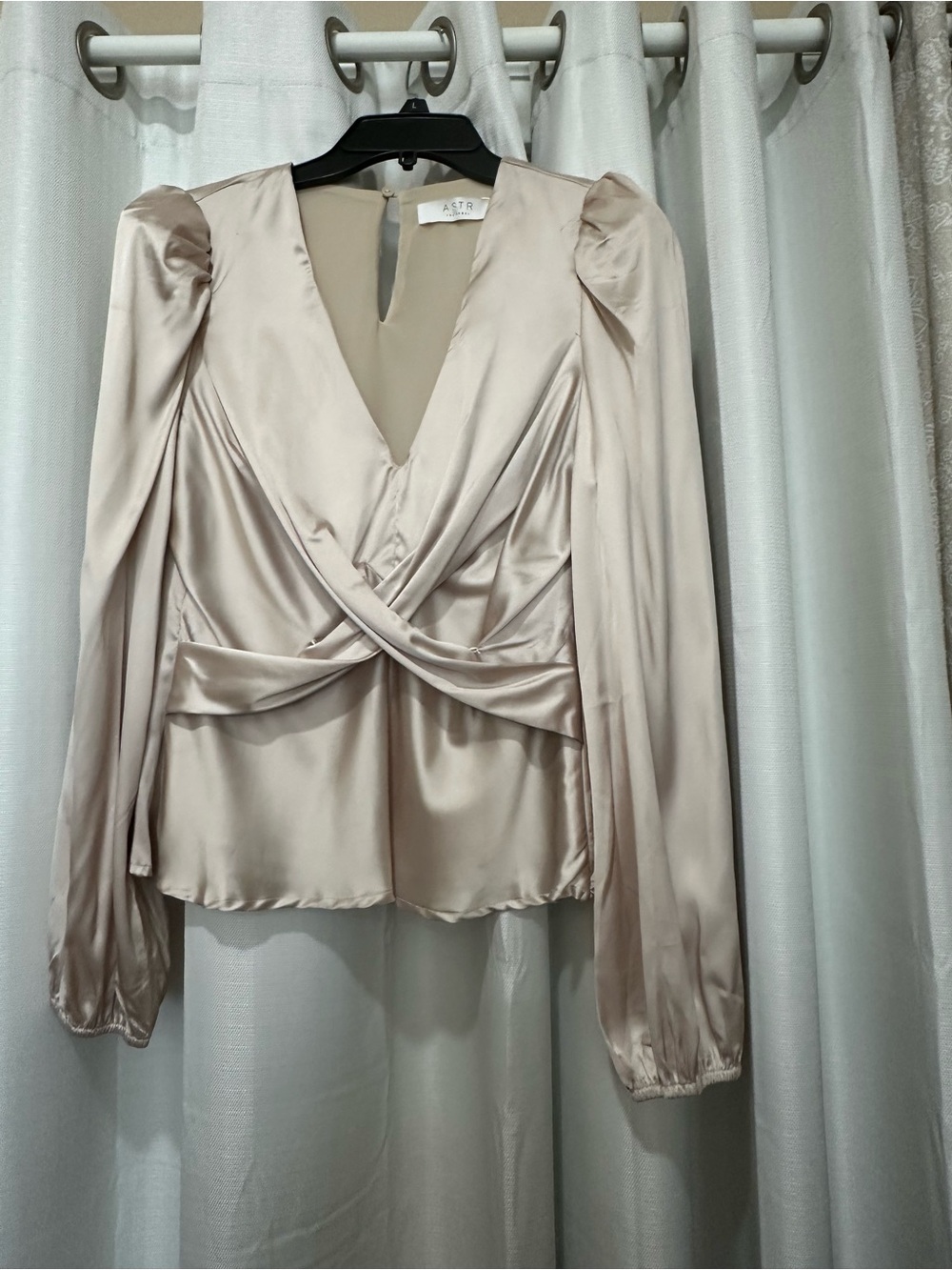 Astr Satin Champagne Wrap-Front Blouse with Puff Shoulders